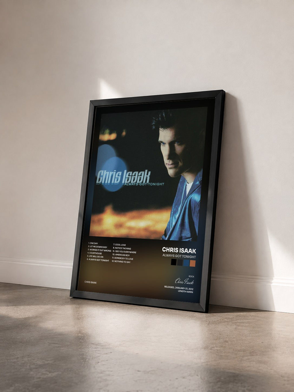 #noir Tableau de l'album Always Got Tonight de Chris Isaak vu de trois quarts, cadre noir