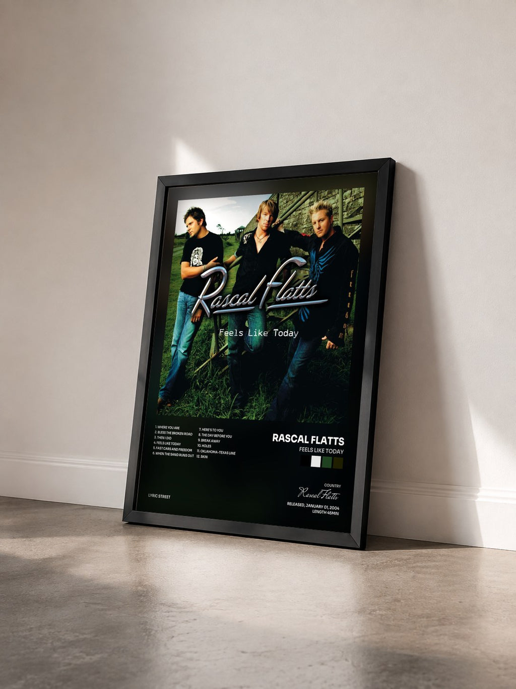 #noir Tableau de l'album Feels Like Today de Rascal Flatts vu de trois quarts, cadre noir