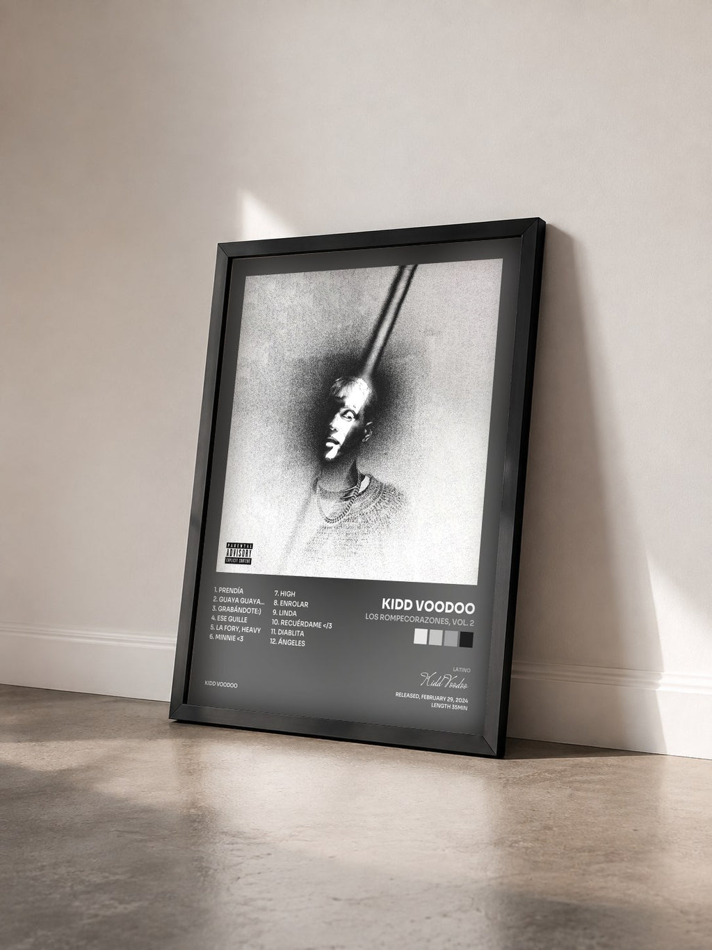 #noir Tableau de l'album Los Rompecorazones, Vol. 2 de Kidd Voodoo vu de trois quarts, cadre noir