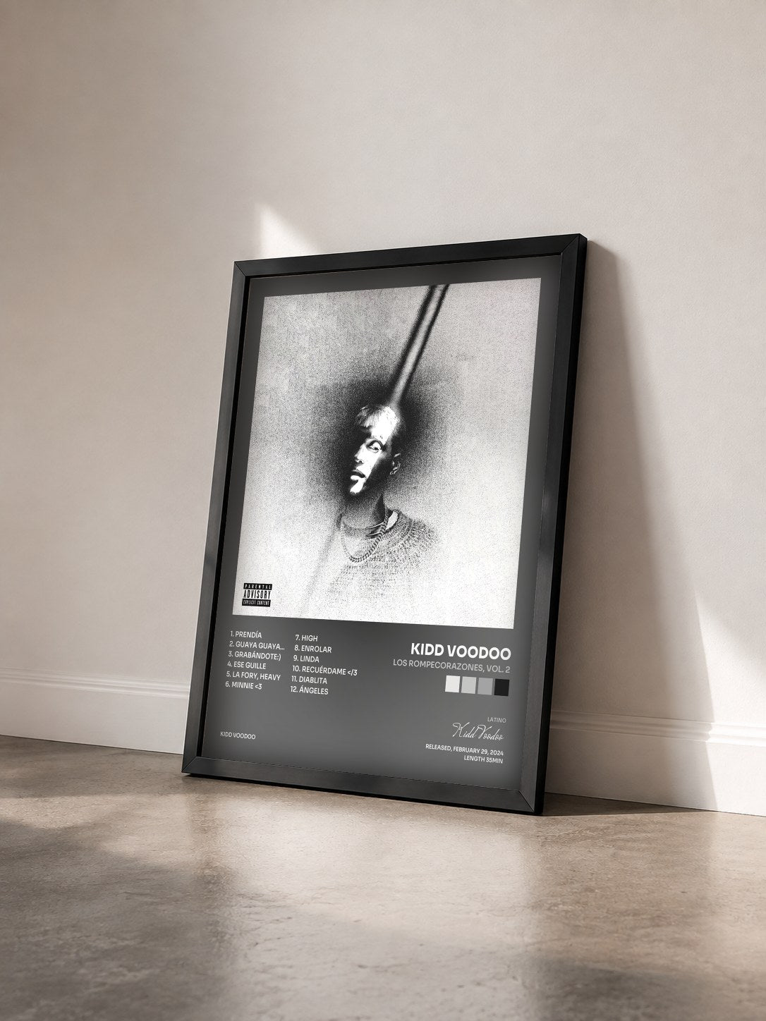 #noir Tableau de l'album Los Rompecorazones, Vol. 2 de Kidd Voodoo vu de trois quarts, cadre noir