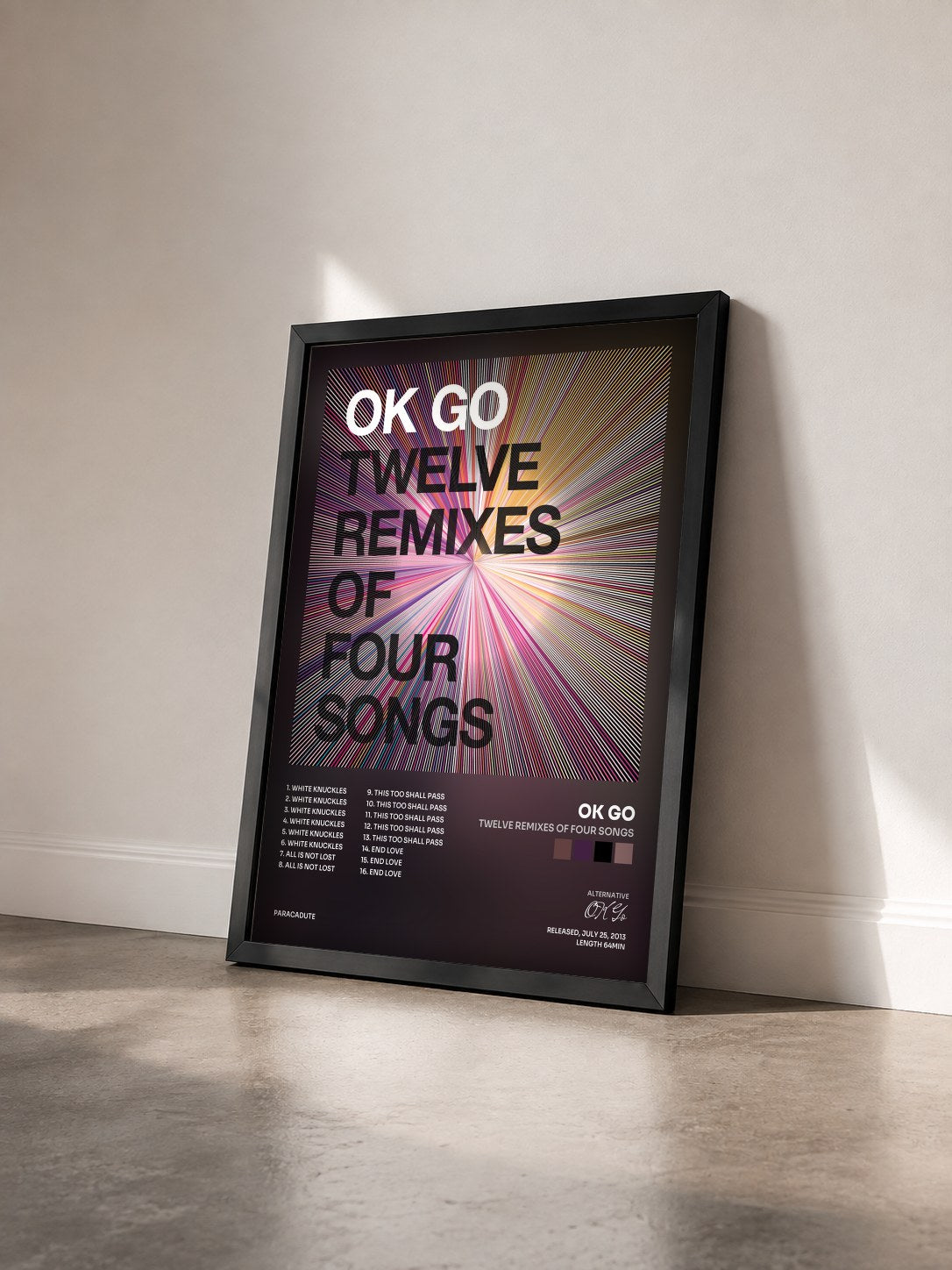 #noir Tableau de l'album Twelve Remixes of Four Songs de OK Go vu de trois quarts, cadre noir