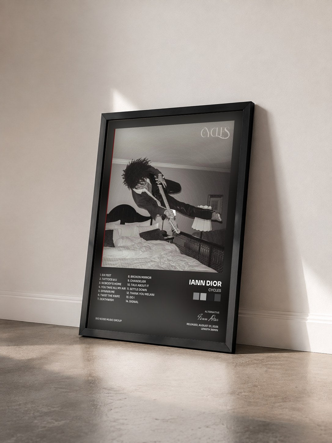 #noir Tableau de l'album CYCLES de Iann Dior vu de trois quarts, cadre noir