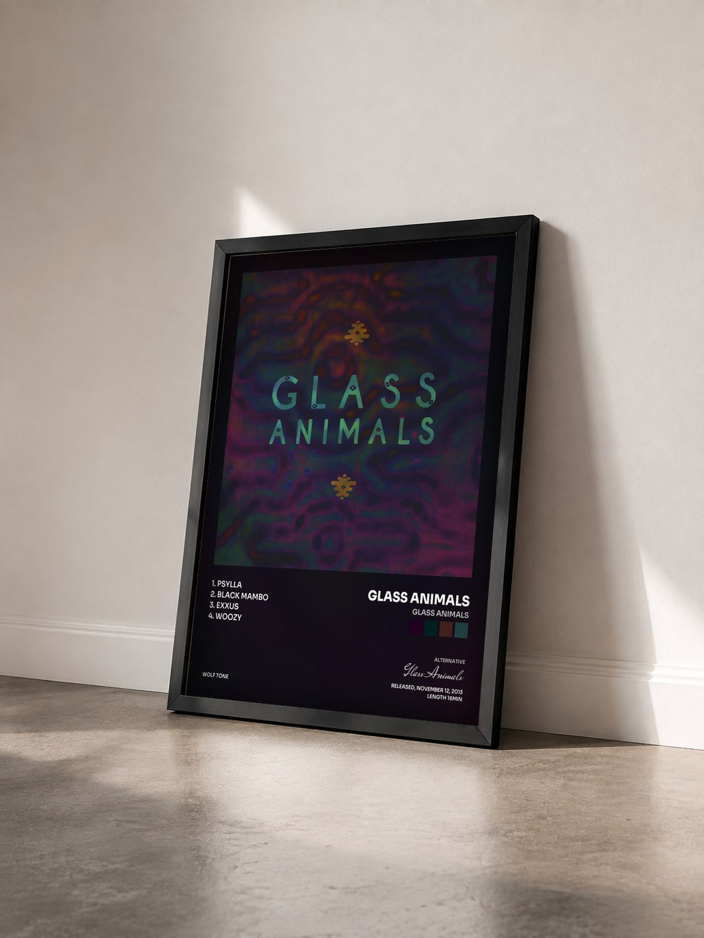 #noir Tableau de l'album Glass Animals de Glass Animals vu de trois quarts, cadre noir