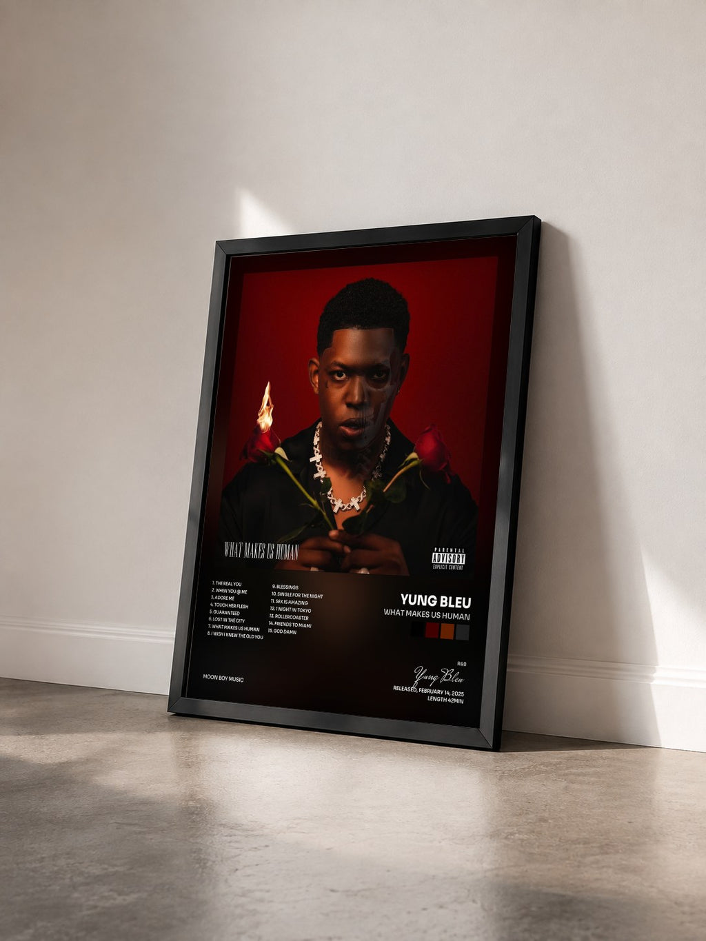 #noir Tableau de l'album What Makes Us Human de Yung Bleu vu de trois quarts, cadre noir