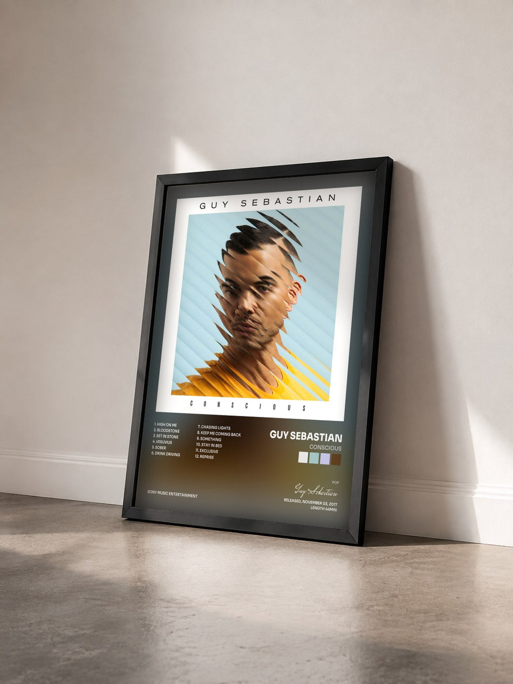 #noir Tableau de l'album Conscious de Guy Sebastian vu de trois quarts, cadre noir