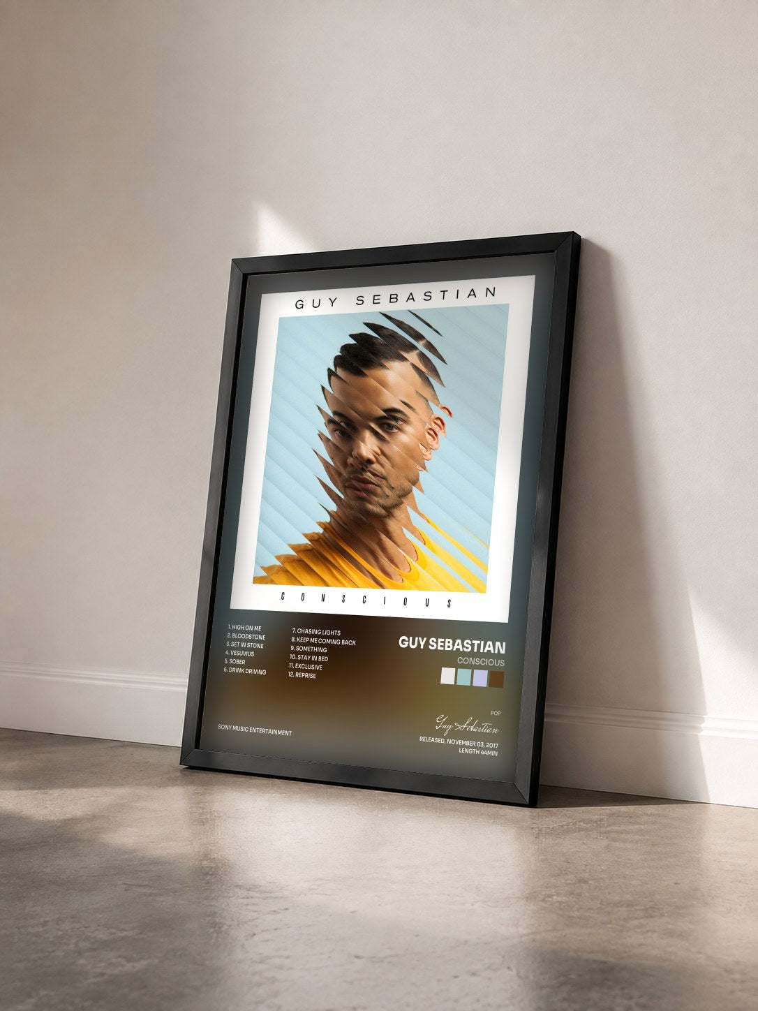 #noir Tableau de l'album Conscious de Guy Sebastian vu de trois quarts, cadre noir