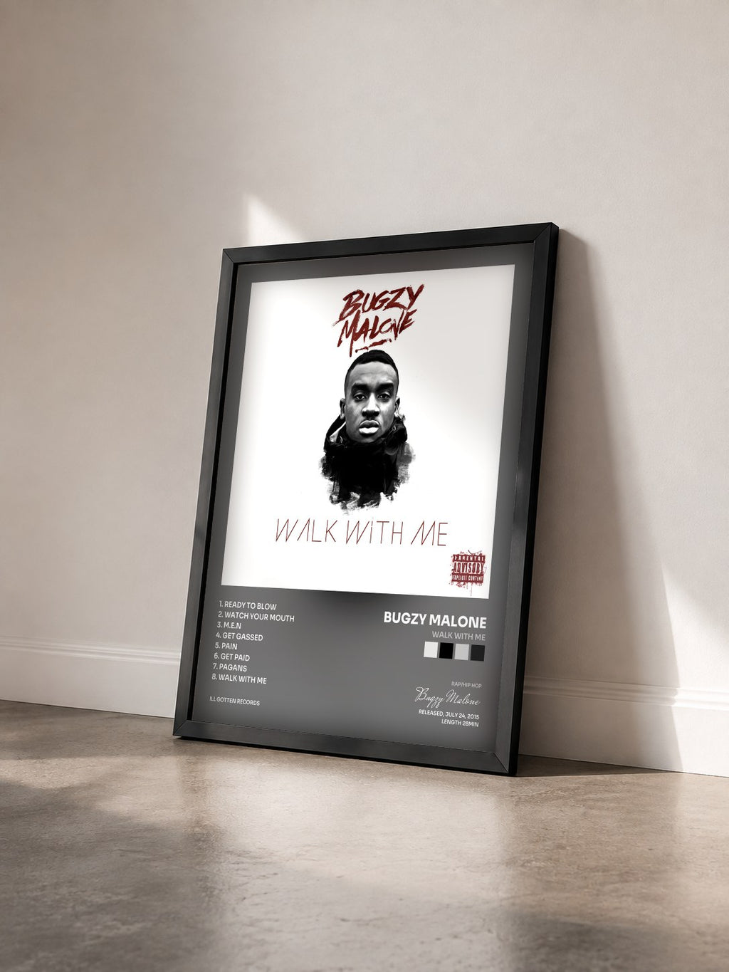 #noir Tableau de l'album Walk With Me de Bugzy Malone vu de trois quarts, cadre noir