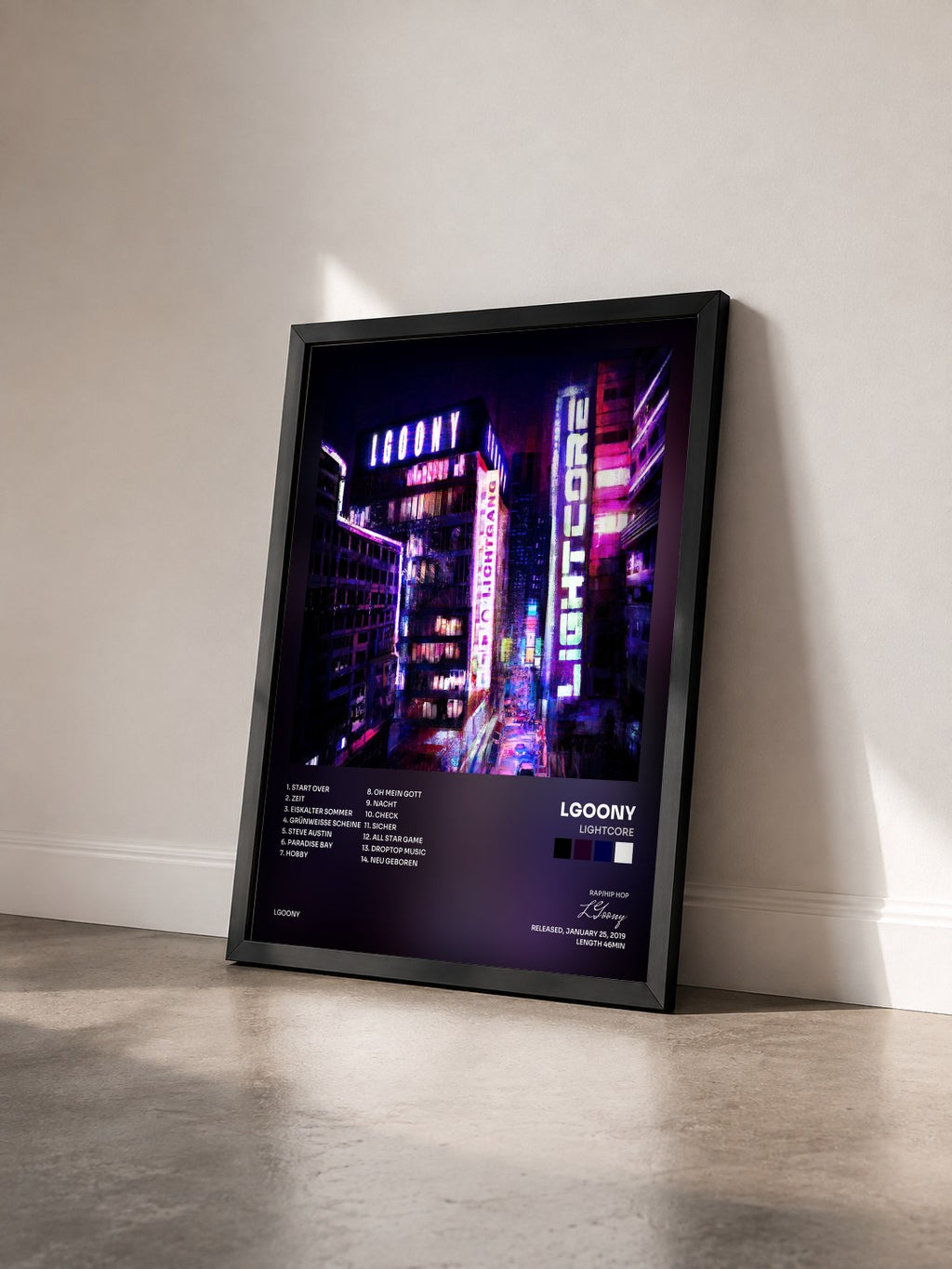 #noir Tableau de l'album Lightcore de LGoony vu de trois quarts, cadre noir