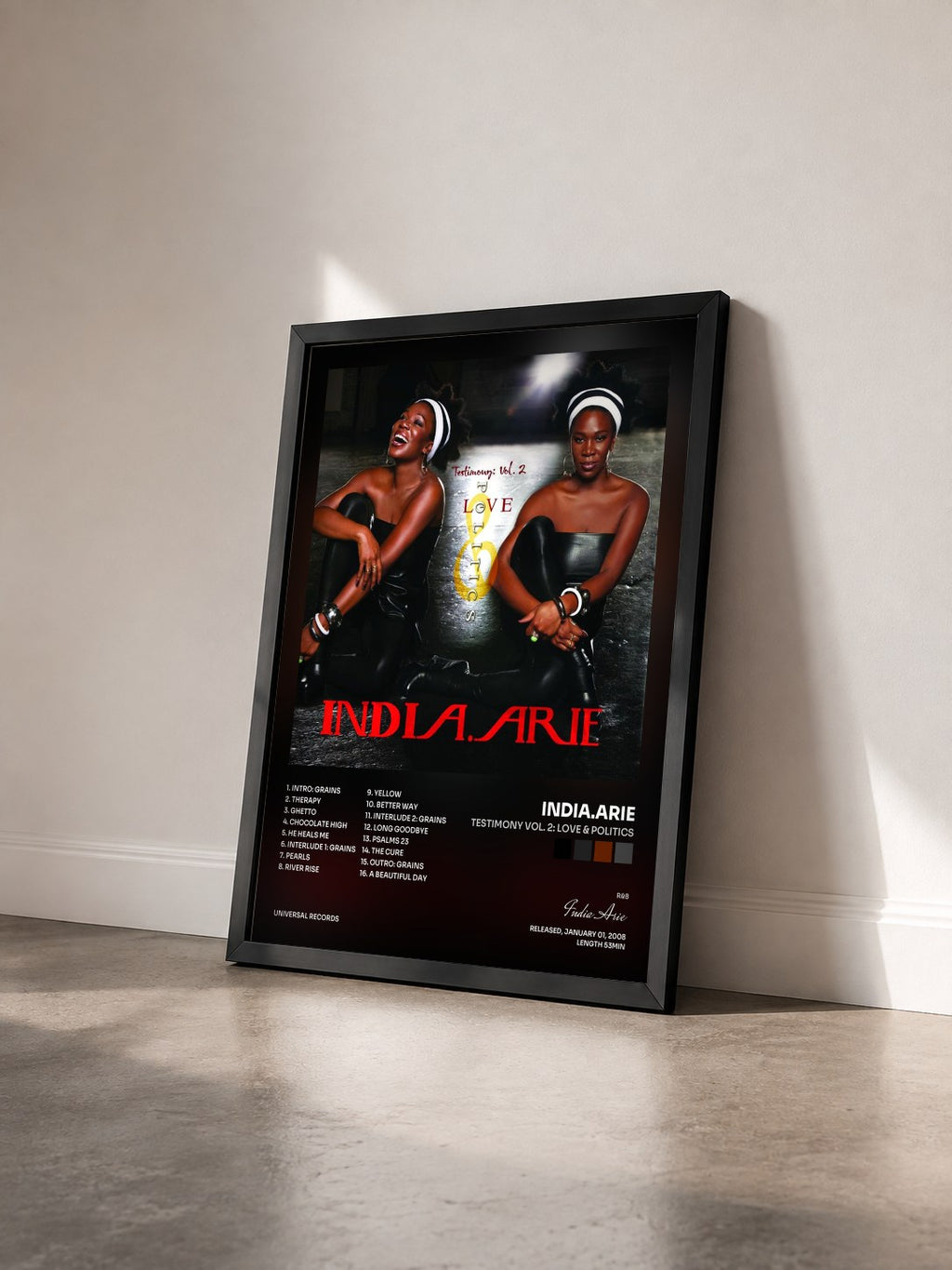 #noir TESTIMONY VOL. 2: LOVE & POLITICS von India.Arie als gerahmter Kunstdruck von schräg gesehen, schwarzer Rahmen