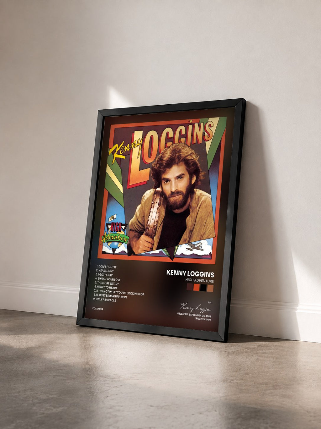 #noir Tableau de l'album High Adventure de Kenny Loggins vu de trois quarts, cadre noir