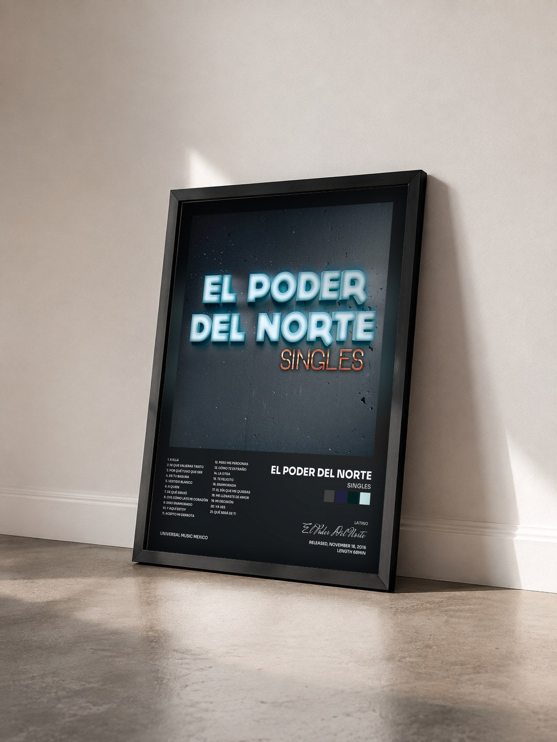 #noir Tableau de l'album Singles de El Poder Del Norte vu de trois quarts, cadre noir