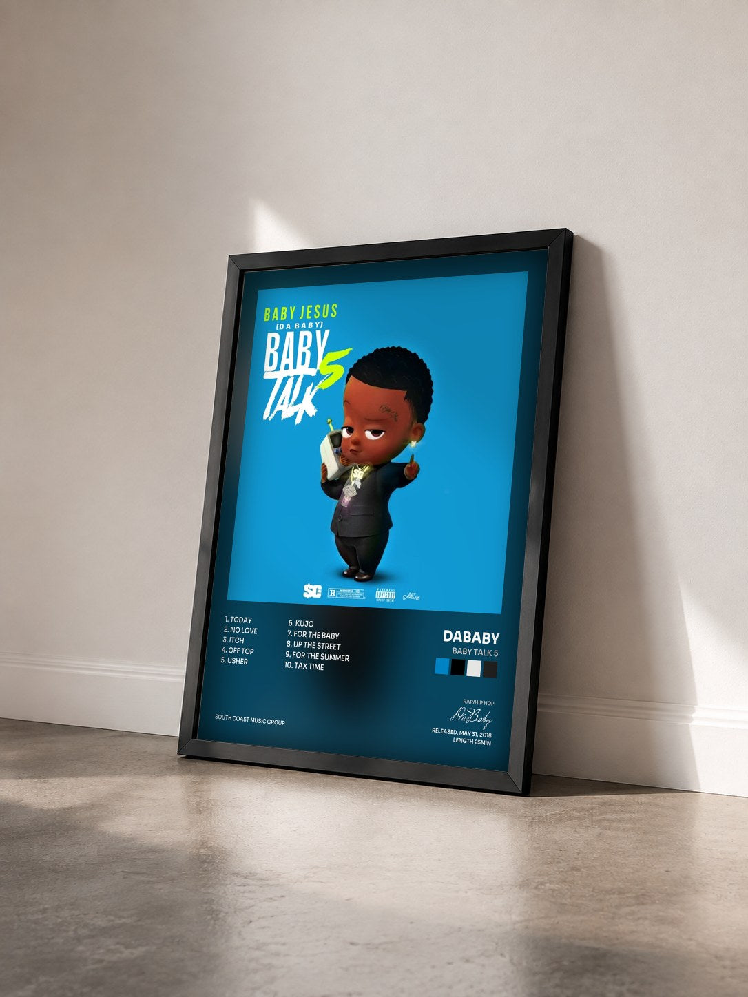 #noir Tableau de l'album Baby Talk 5 de DaBaby vu de trois quarts, cadre noir