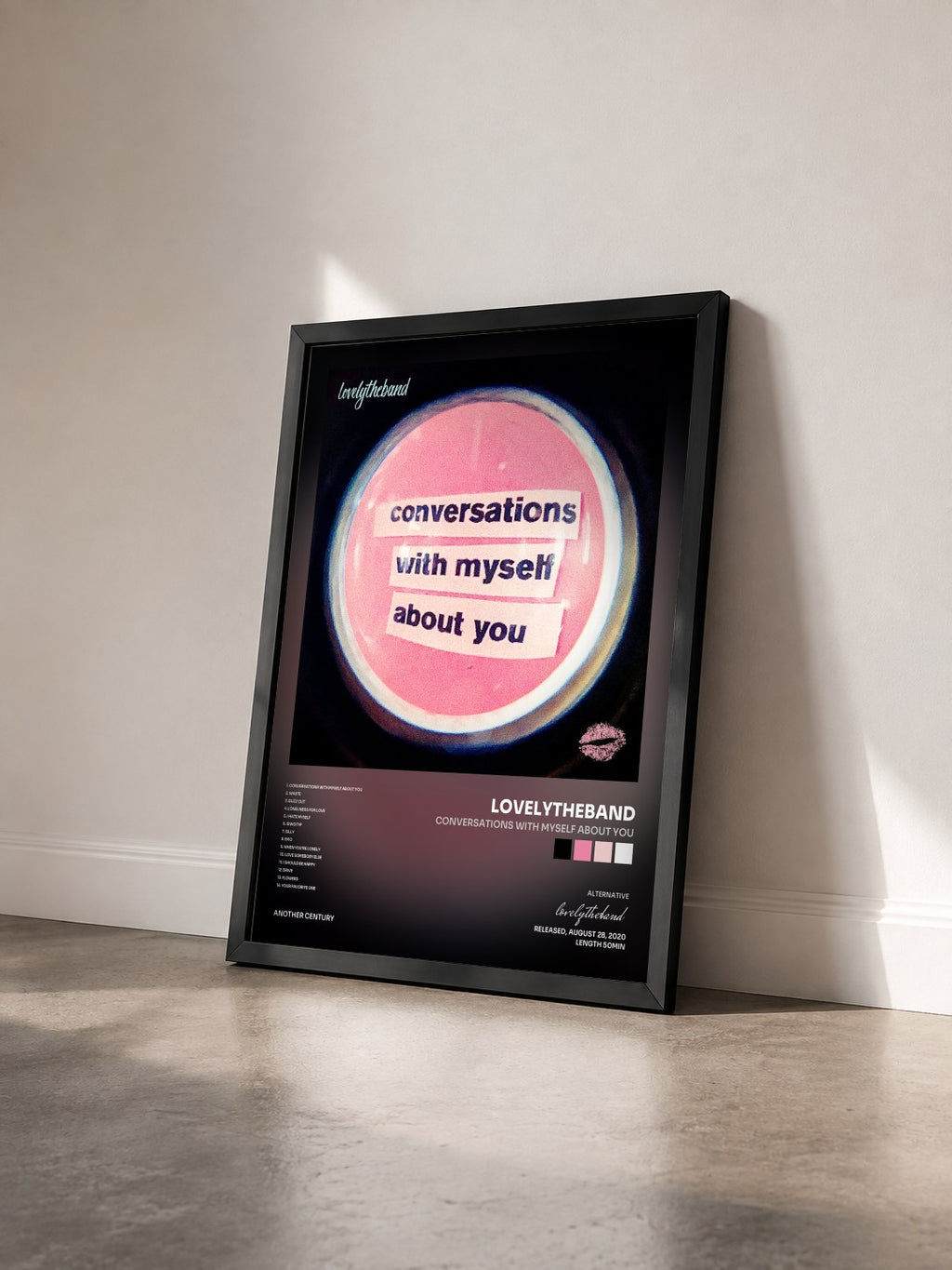 #noir Tableau de l'album conversations with myself about you de lovelytheband vu de trois quarts, cadre noir