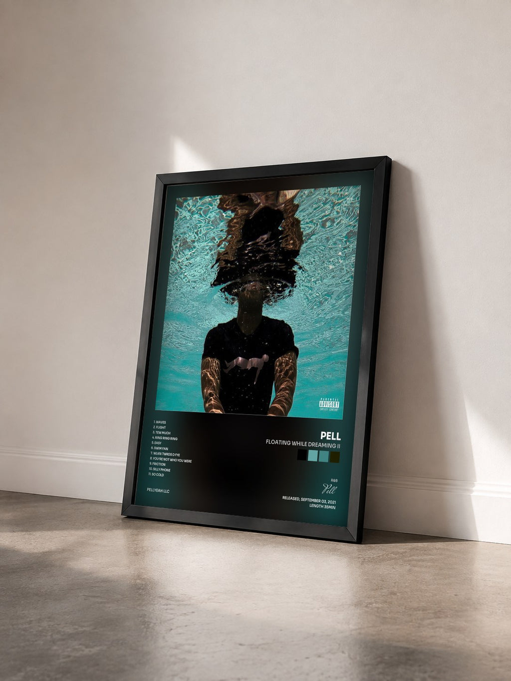 #noir Tableau de l'album Floating While Dreaming II de Pell vu de trois quarts, cadre noir