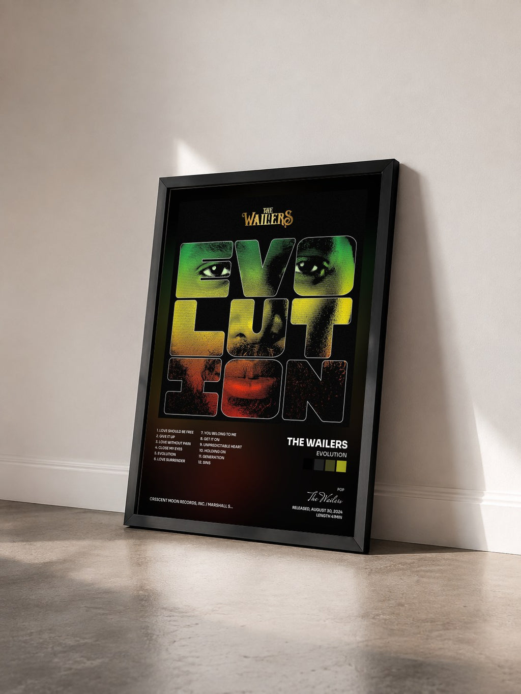 #noir Tableau de l'album Evolution de The Wailers vu de trois quarts, cadre noir