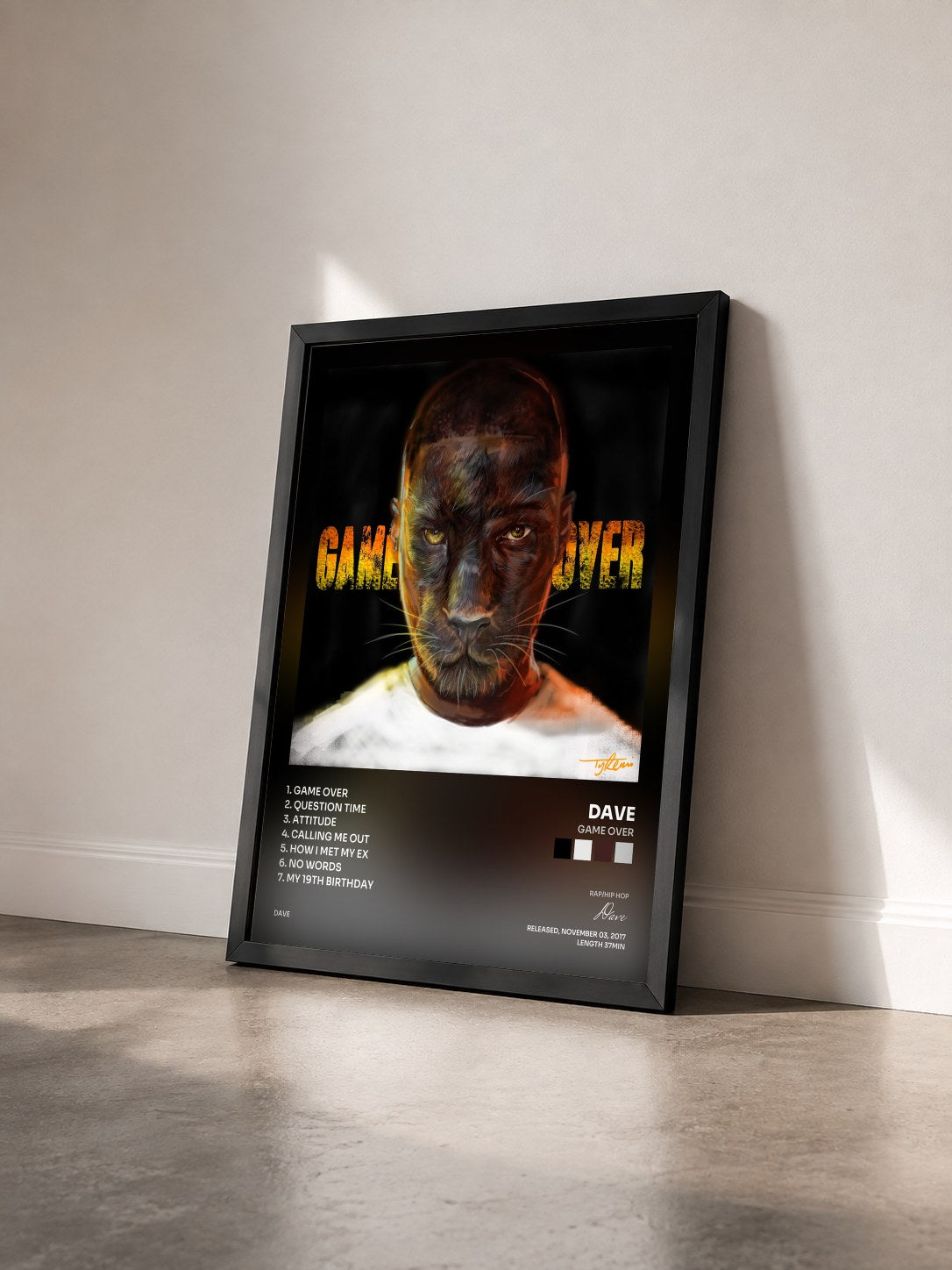 #noir Tableau de l'album Game Over de Dave vu de trois quarts, cadre noir