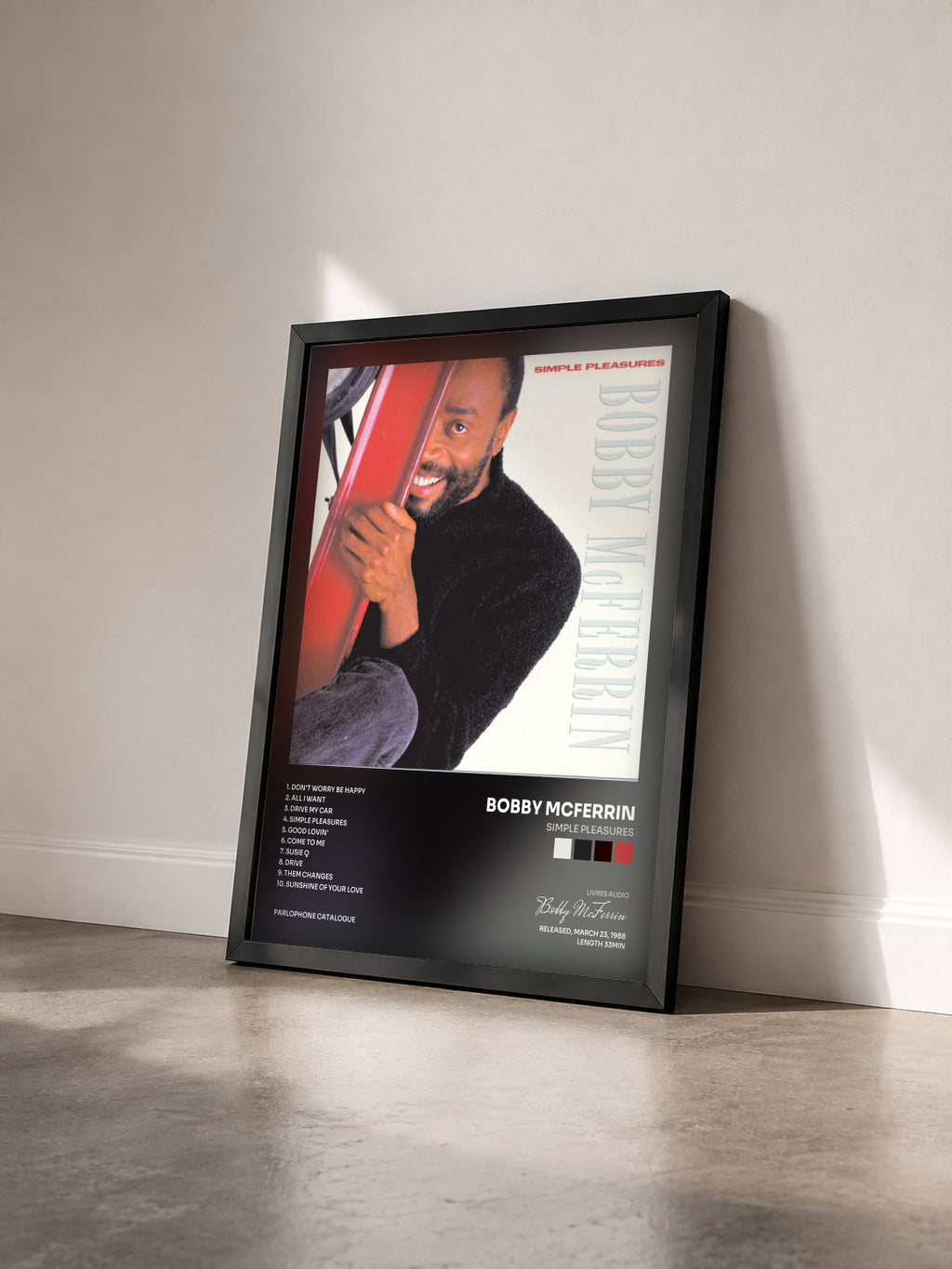 #noir Tableau de l'album Simple Pleasures de Bobby McFerrin vu de trois quarts, cadre noir