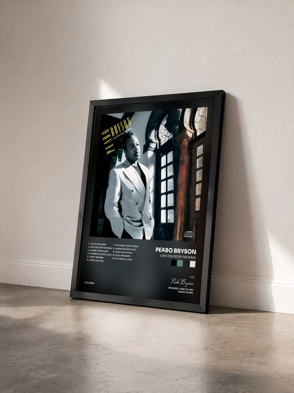 #noir Tableau de l'album Can You Stop The Rain de Peabo Bryson vu de trois quarts, cadre noir