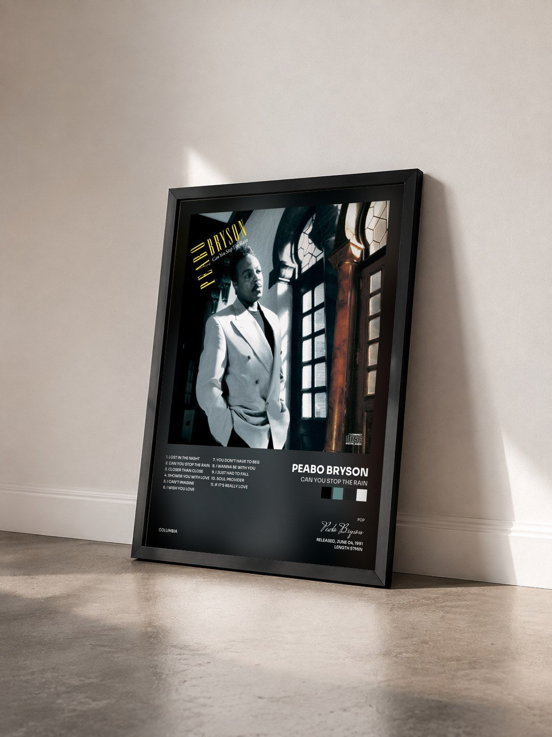 #noir Tableau de l'album Can You Stop The Rain de Peabo Bryson vu de trois quarts, cadre noir