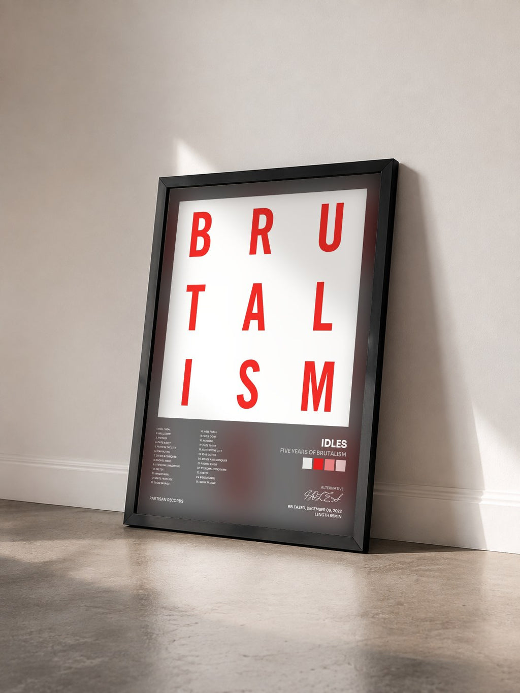 #noir Tableau de l'album Five Years of Brutalism de IDLES vu de trois quarts, cadre noir