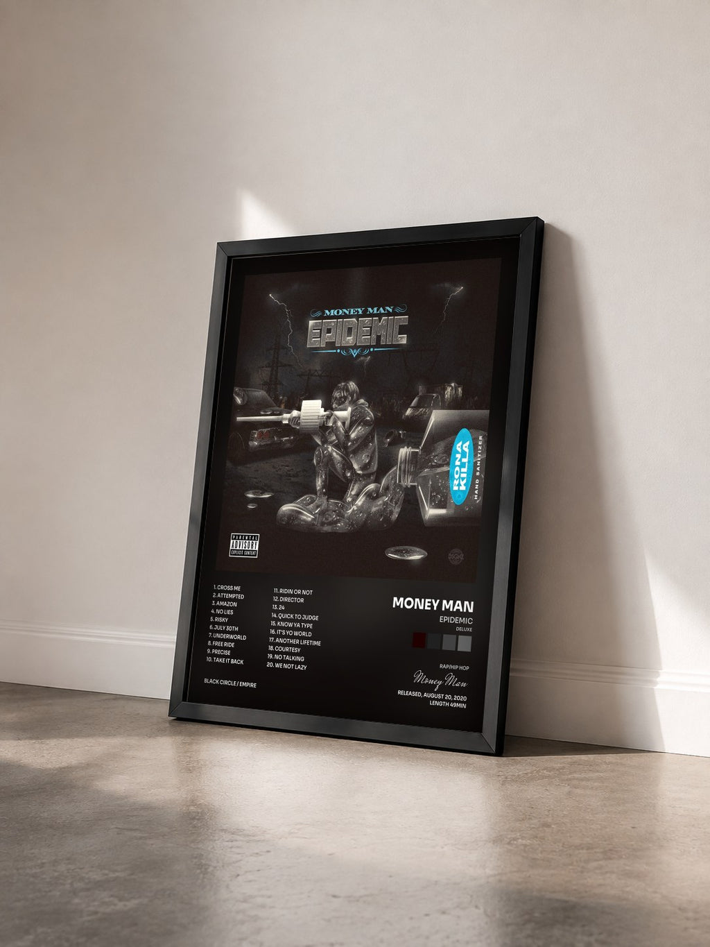 #noir Tableau de l'album Epidemic (Deluxe) de Money Man vu de trois quarts, cadre noir