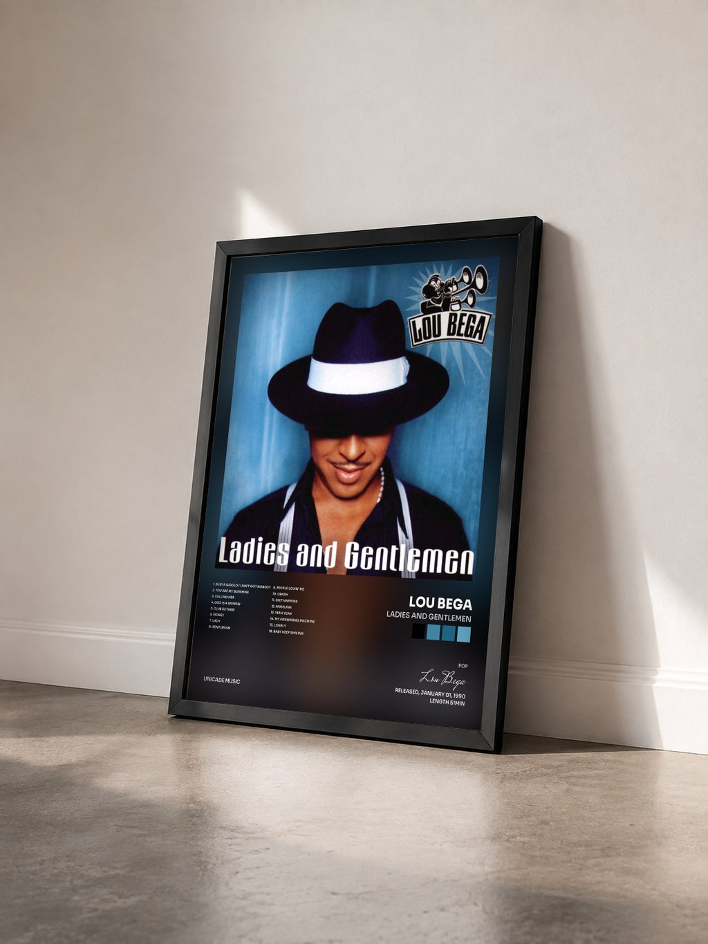 #noir Tableau de l'album Ladies And Gentlemen de Lou Bega vu de trois quarts, cadre noir
