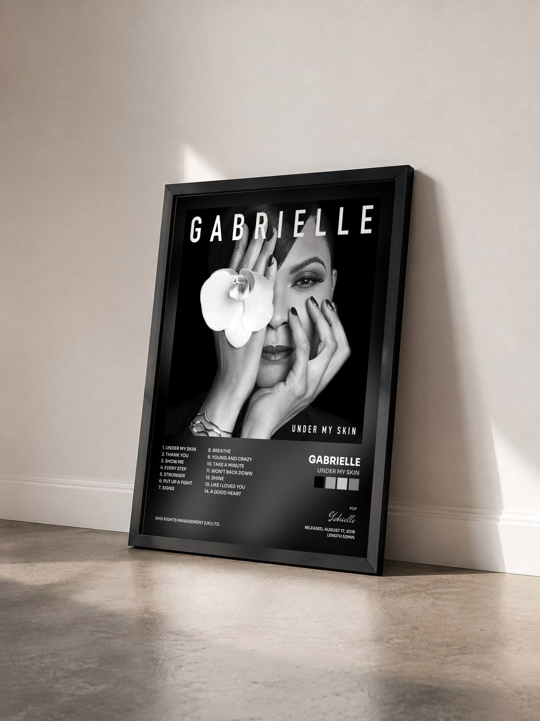 #noir Tableau de l'album Under My Skin de Gabrielle vu de trois quarts, cadre noir