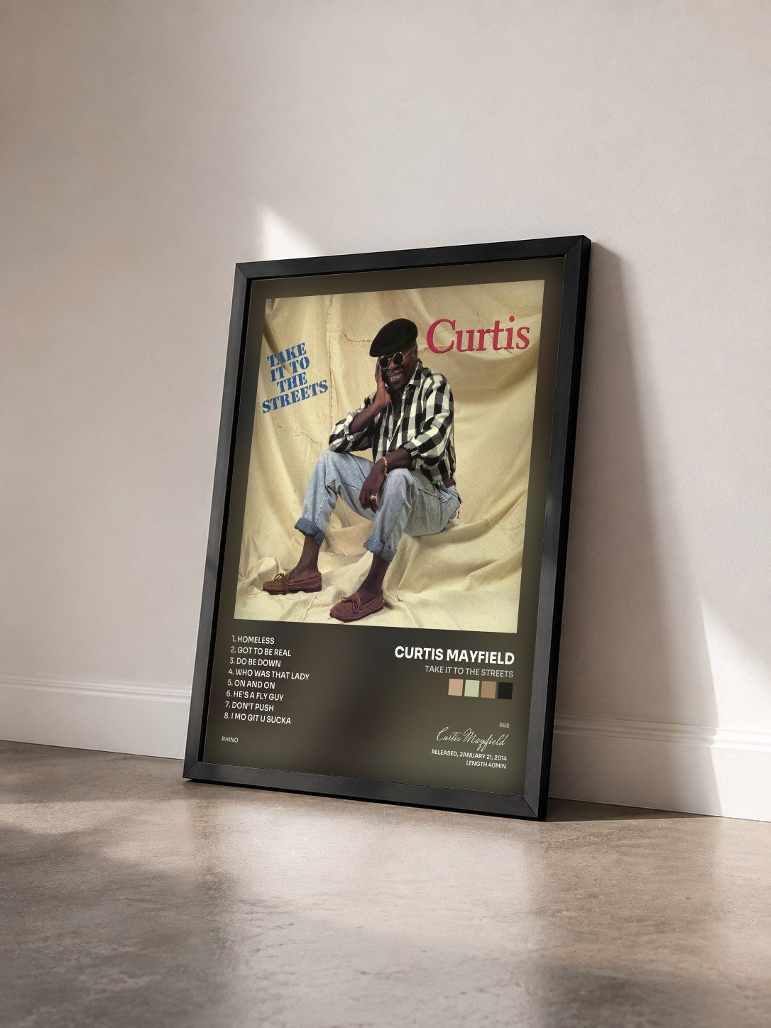 #noir Tableau de l'album Take It to the Streets de Curtis Mayfield vu de trois quarts, cadre noir