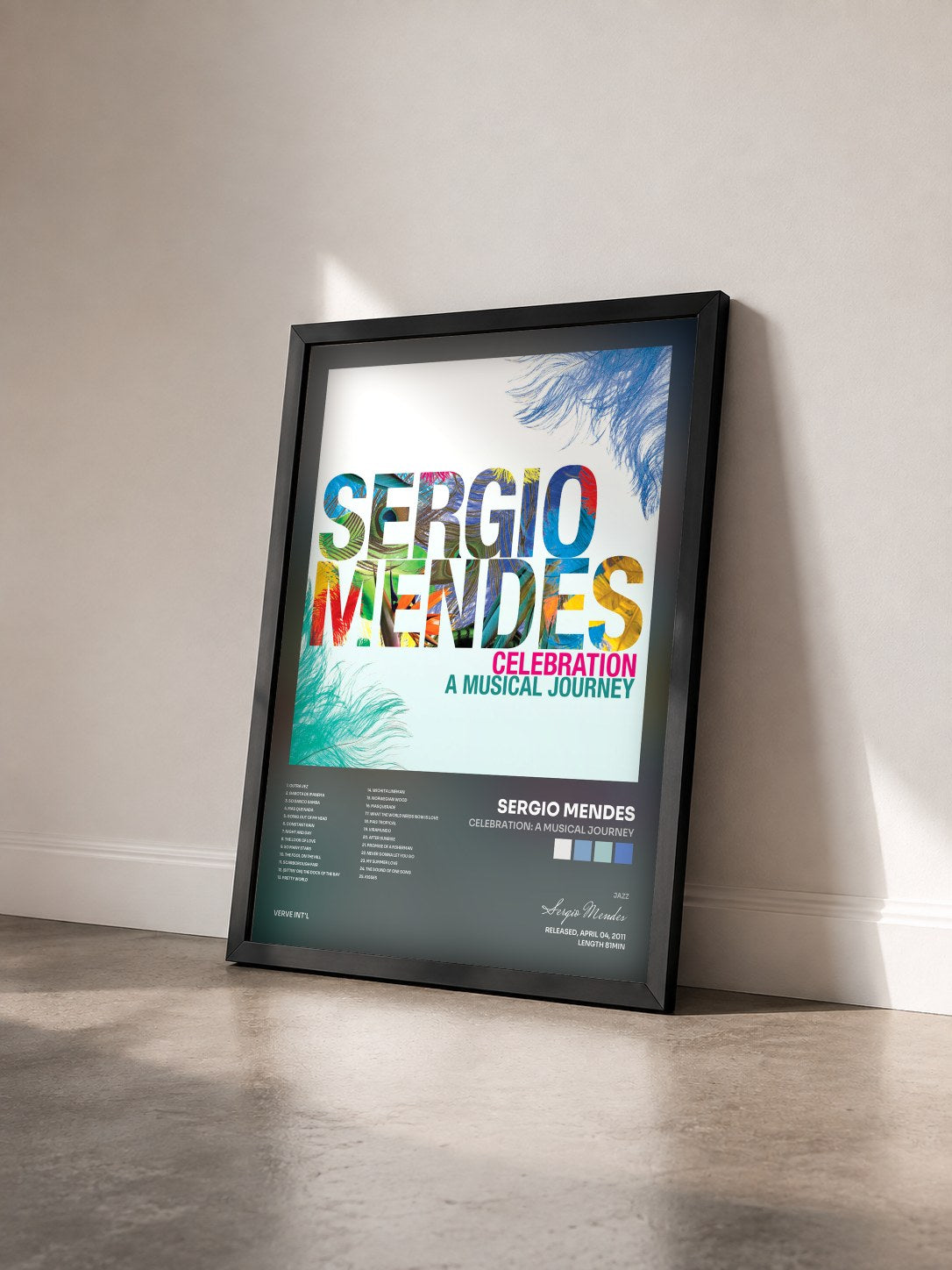 #noir Tableau de l'album Celebration: A Musical Journey de Sergio Mendes vu de trois quarts, cadre noir