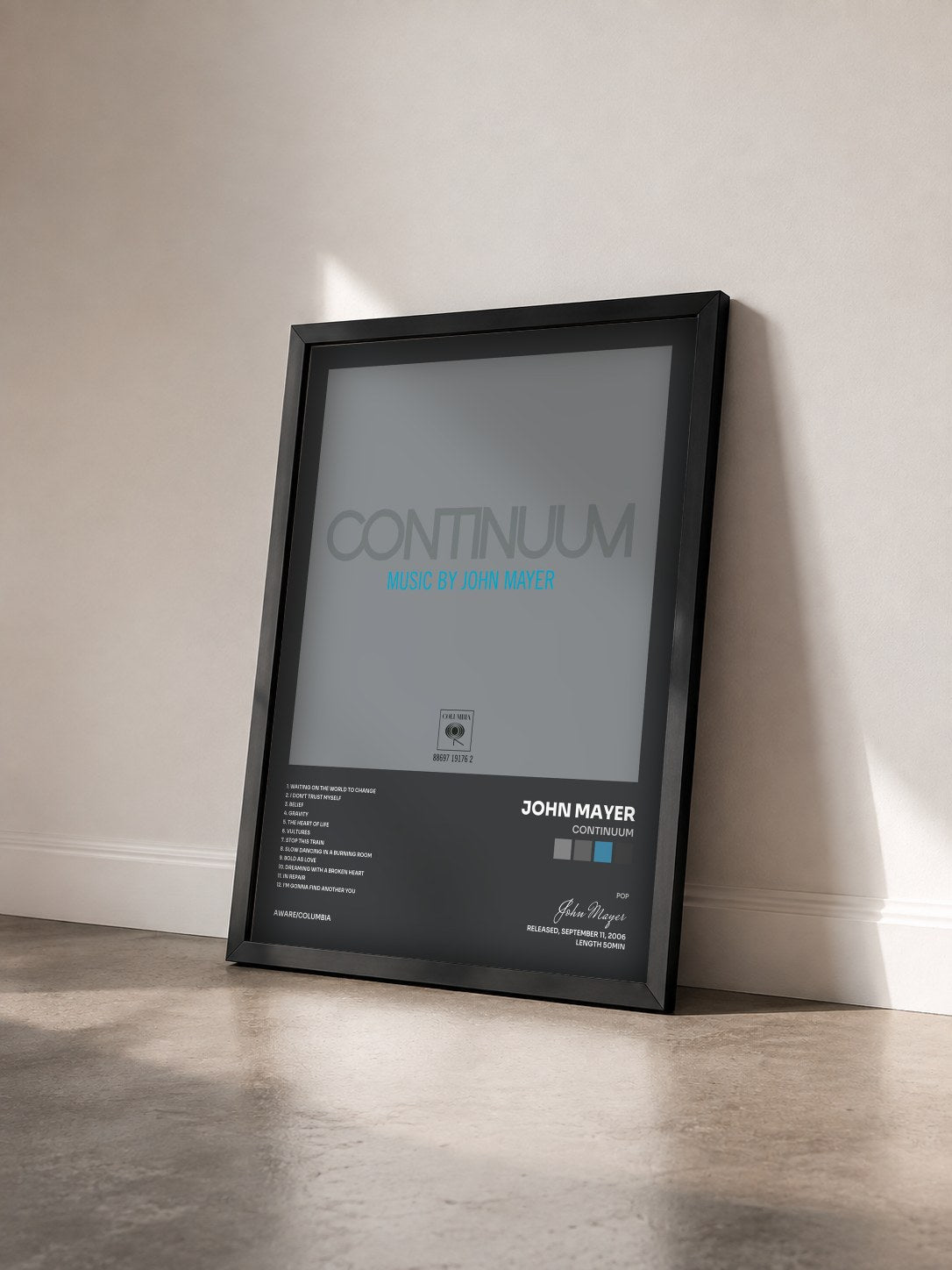 #noir Tableau de l'album Continuum de John Mayer vu de trois quarts, cadre noir