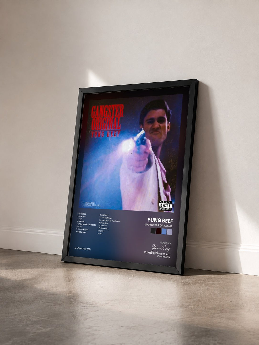 #noir Tableau de l'album Gangster Original de Yung Beef vu de trois quarts, cadre noir