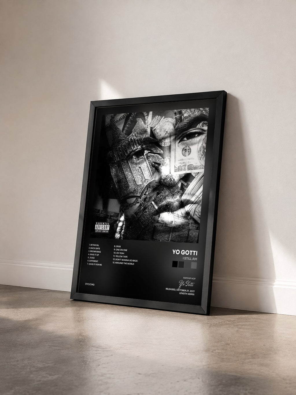 #noir Tableau de l'album I Still Am de Yo Gotti vu de trois quarts, cadre noir