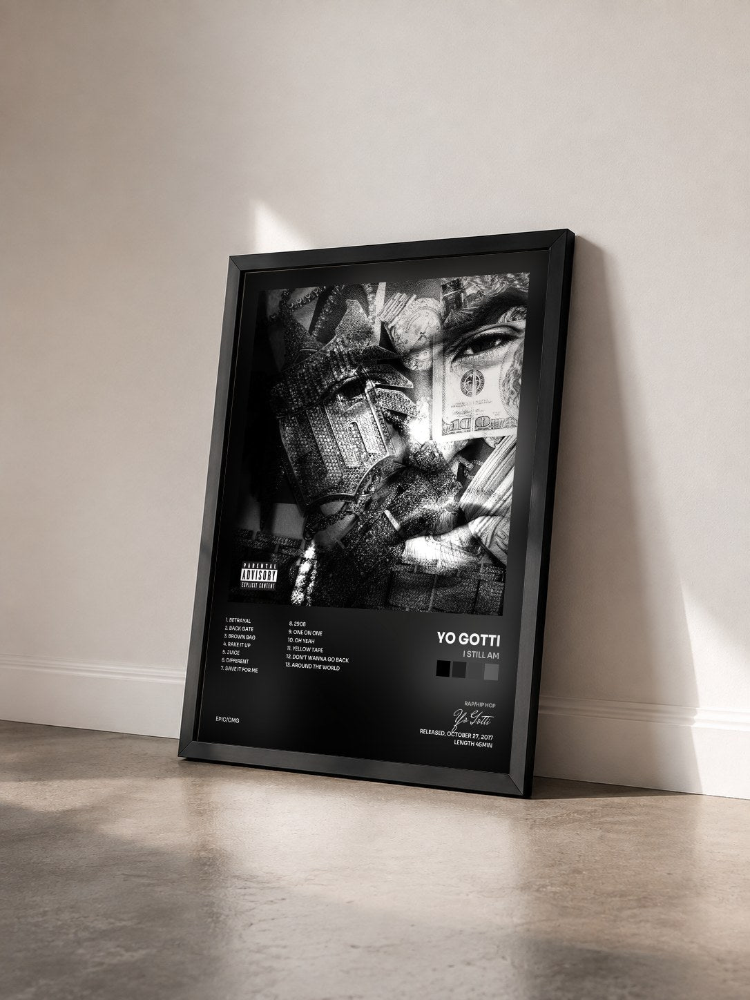 #noir Tableau de l'album I Still Am de Yo Gotti vu de trois quarts, cadre noir