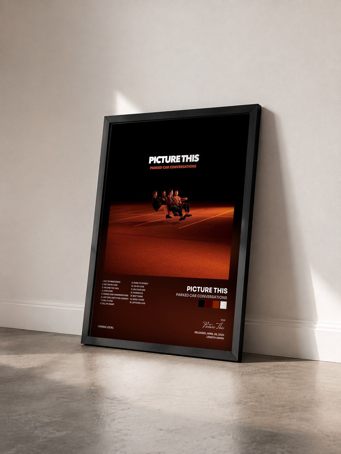 #noir Tableau de l'album Parked Car Conversations de Picture This vu de trois quarts, cadre noir