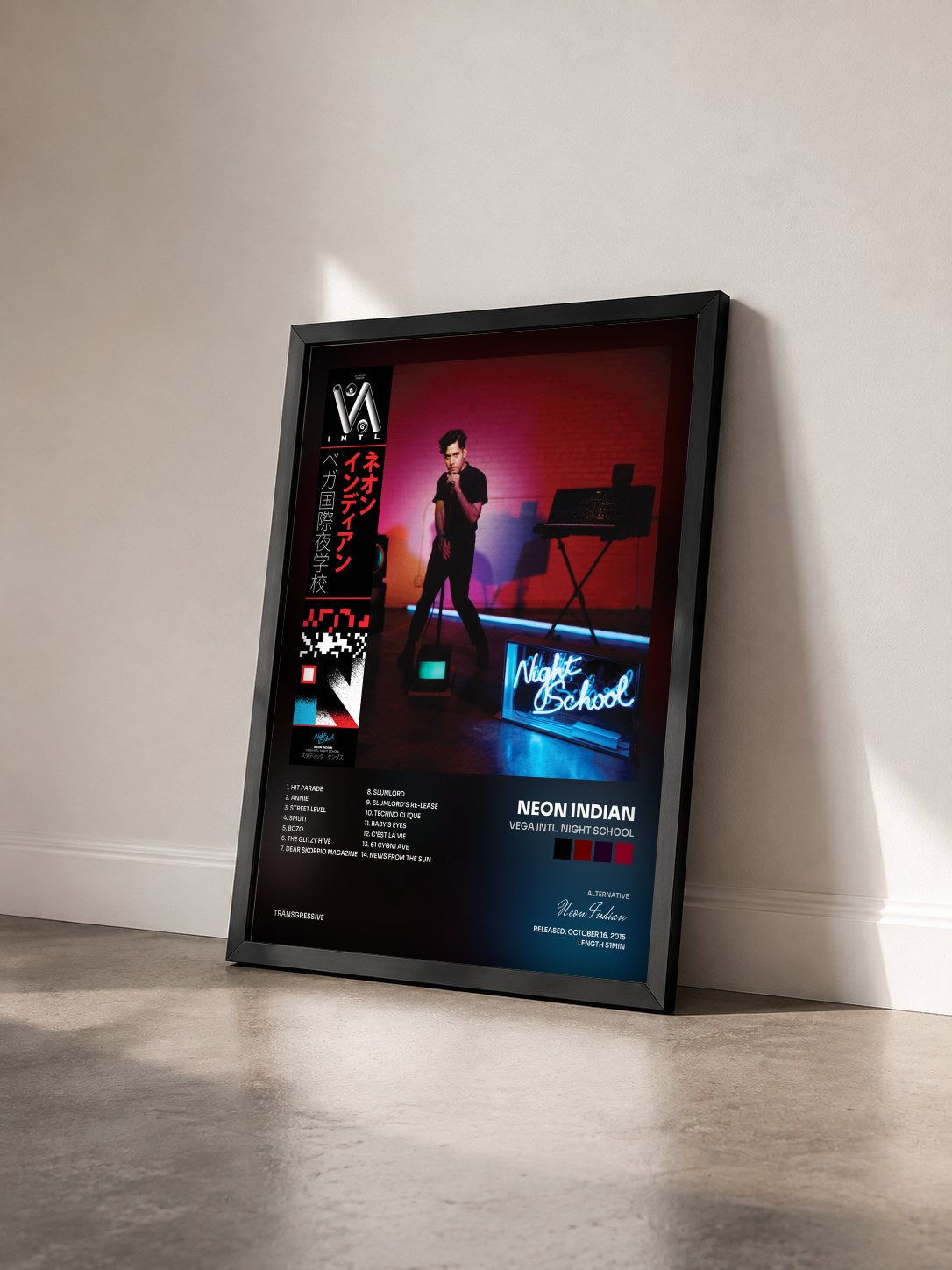 #noir Tableau de l'album VEGA INTL. Night School de Neon Indian vu de trois quarts, cadre noir