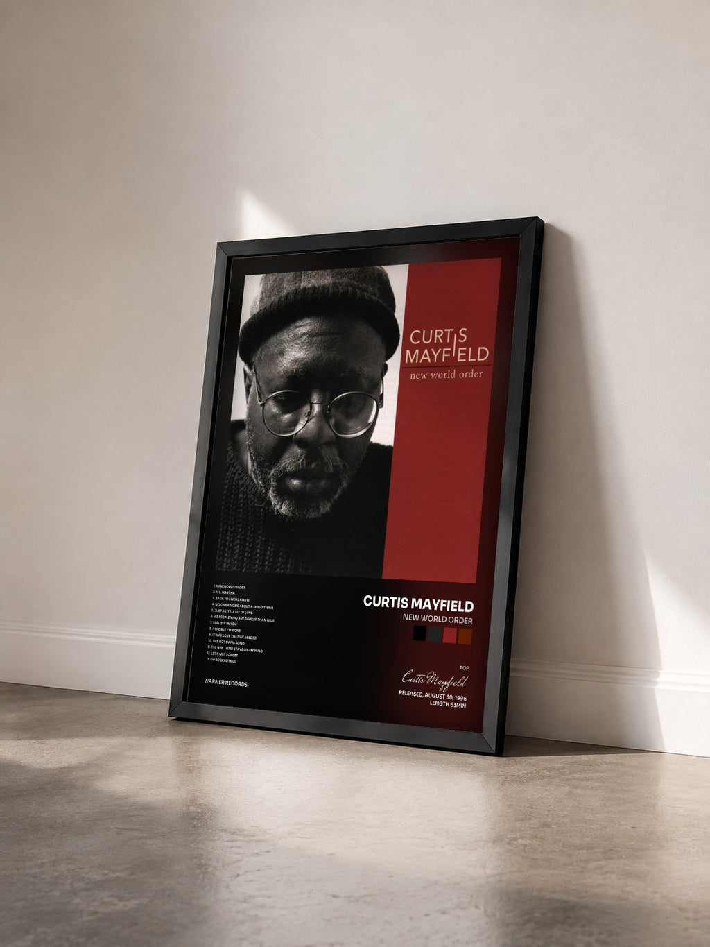 #noir Tableau de l'album New World Order de Curtis Mayfield vu de trois quarts, cadre noir