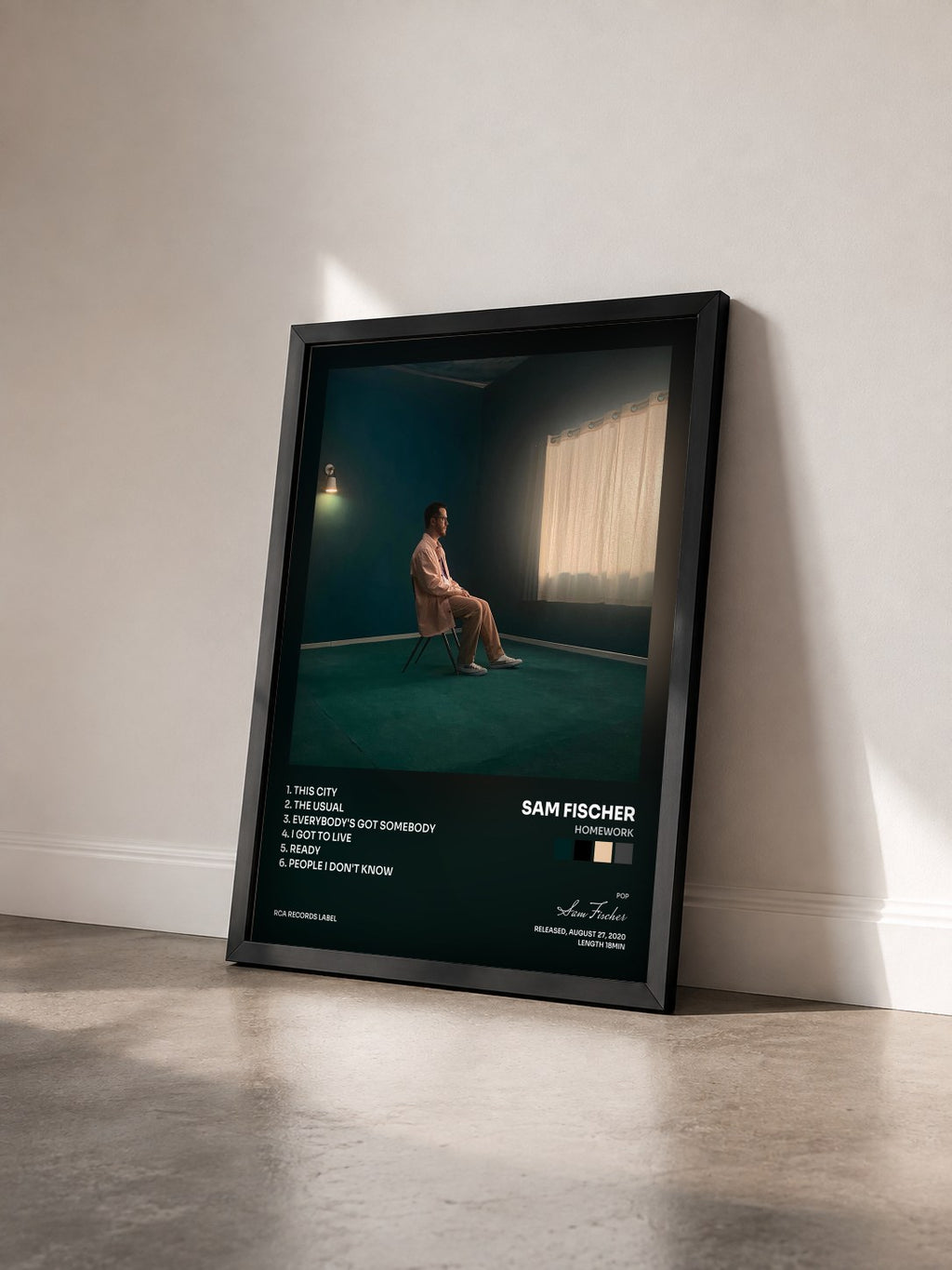 #noir Tableau de l'album Homework de Sam Fischer vu de trois quarts, cadre noir
