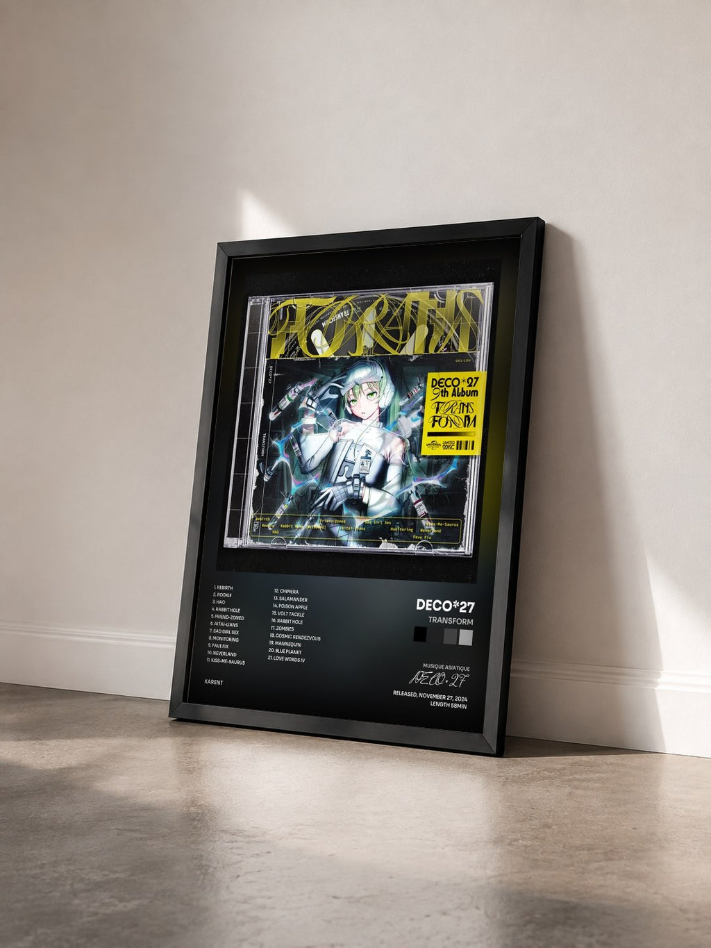 #noir Tableau de l'album TRANSFORM de DECO*27 vu de trois quarts, cadre noir