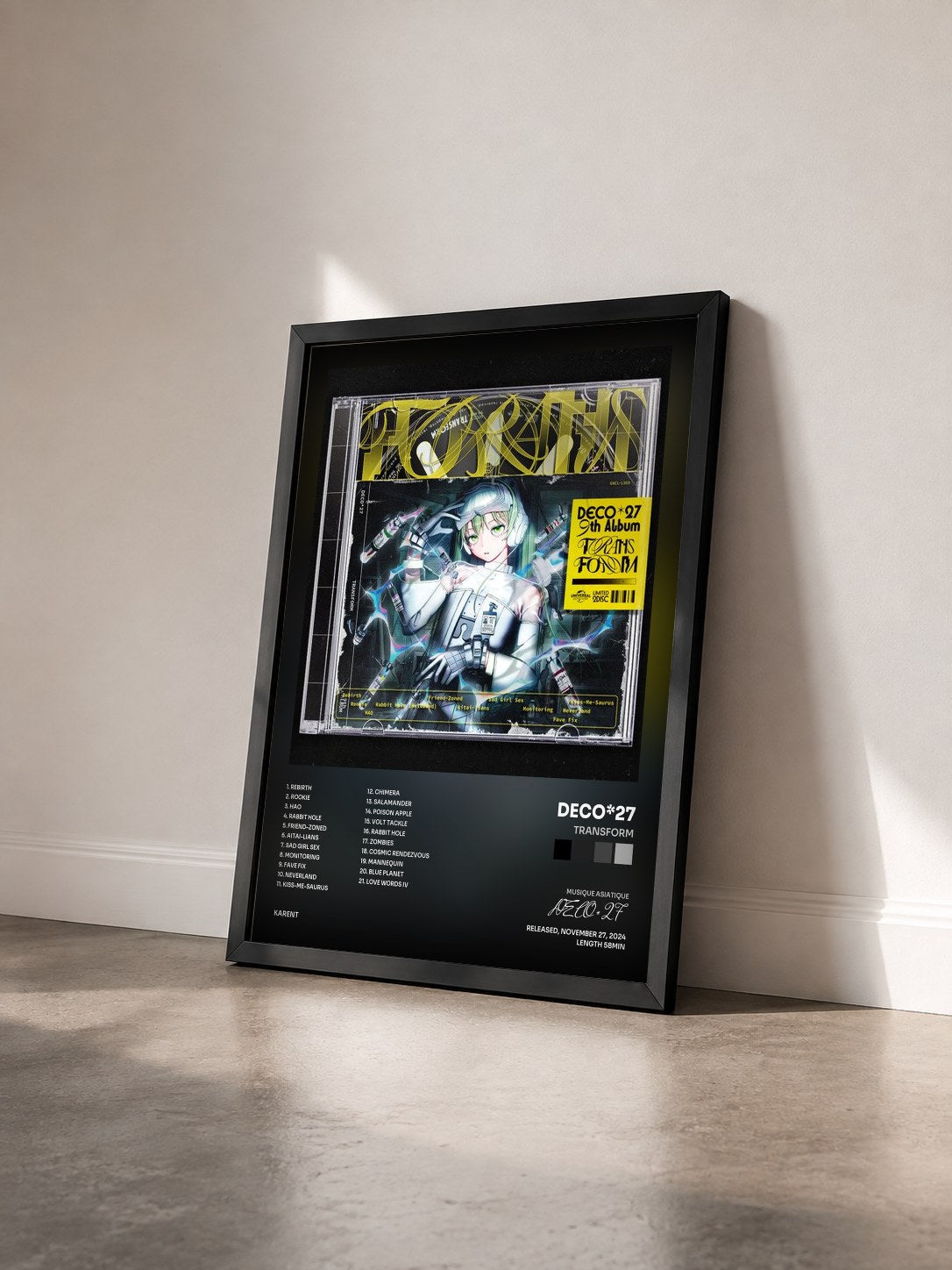 #noir Tableau de l'album TRANSFORM de DECO*27 vu de trois quarts, cadre noir