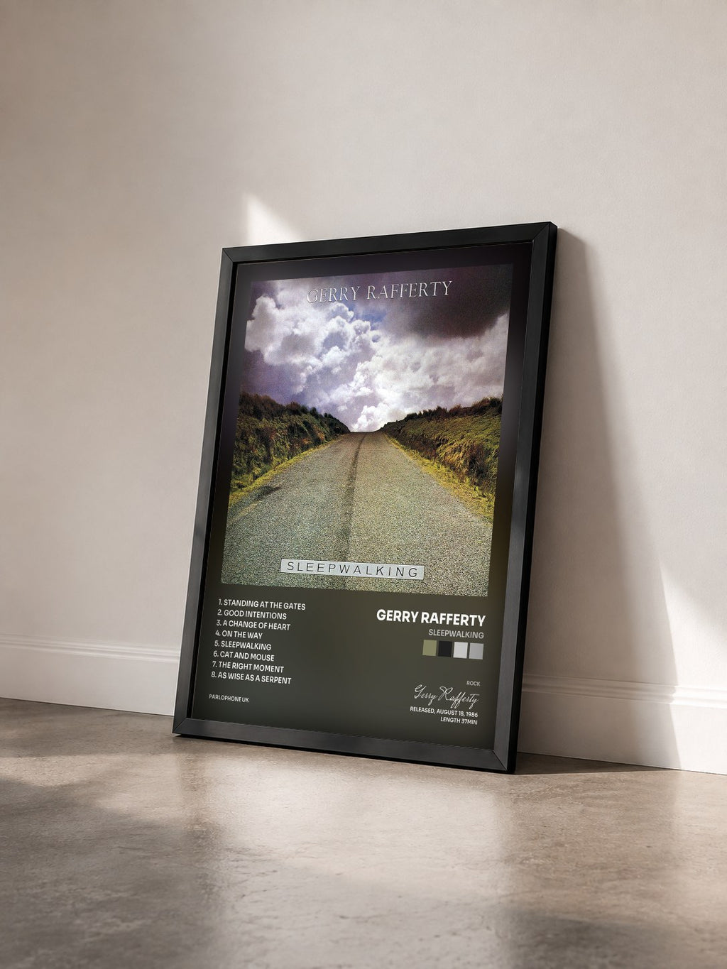 #noir Tableau de l'album Sleepwalking de Gerry Rafferty vu de trois quarts, cadre noir