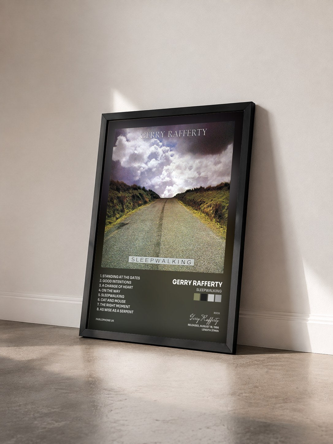 #noir Tableau de l'album Sleepwalking de Gerry Rafferty vu de trois quarts, cadre noir