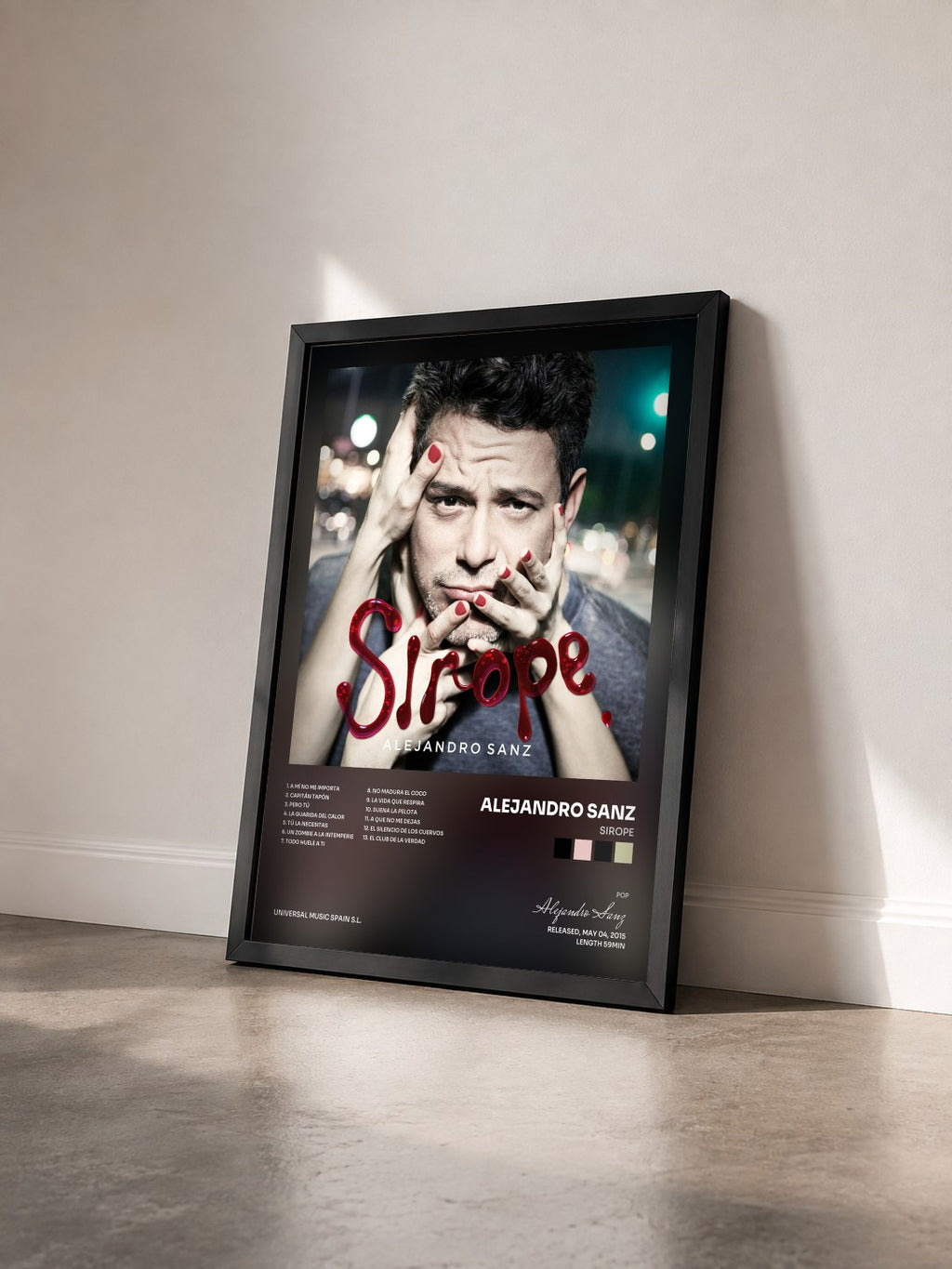 #noir Tableau de l'album Sirope de Alejandro Sanz vu de trois quarts, cadre noir