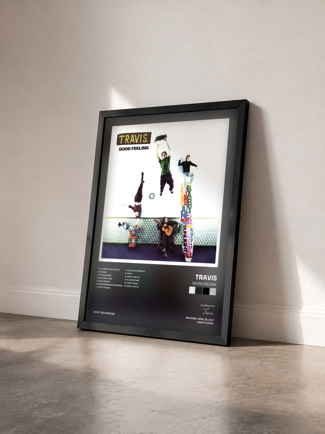 #noir Tableau de l'album Good Feeling de Travis vu de trois quarts, cadre noir