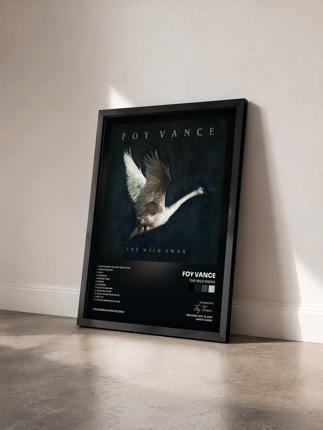 #noir Tableau de l'album The Wild Swan de Foy Vance vu de trois quarts, cadre noir