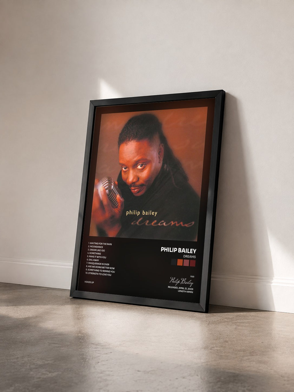 #noir Tableau de l'album Dreams de Philip Bailey vu de trois quarts, cadre noir