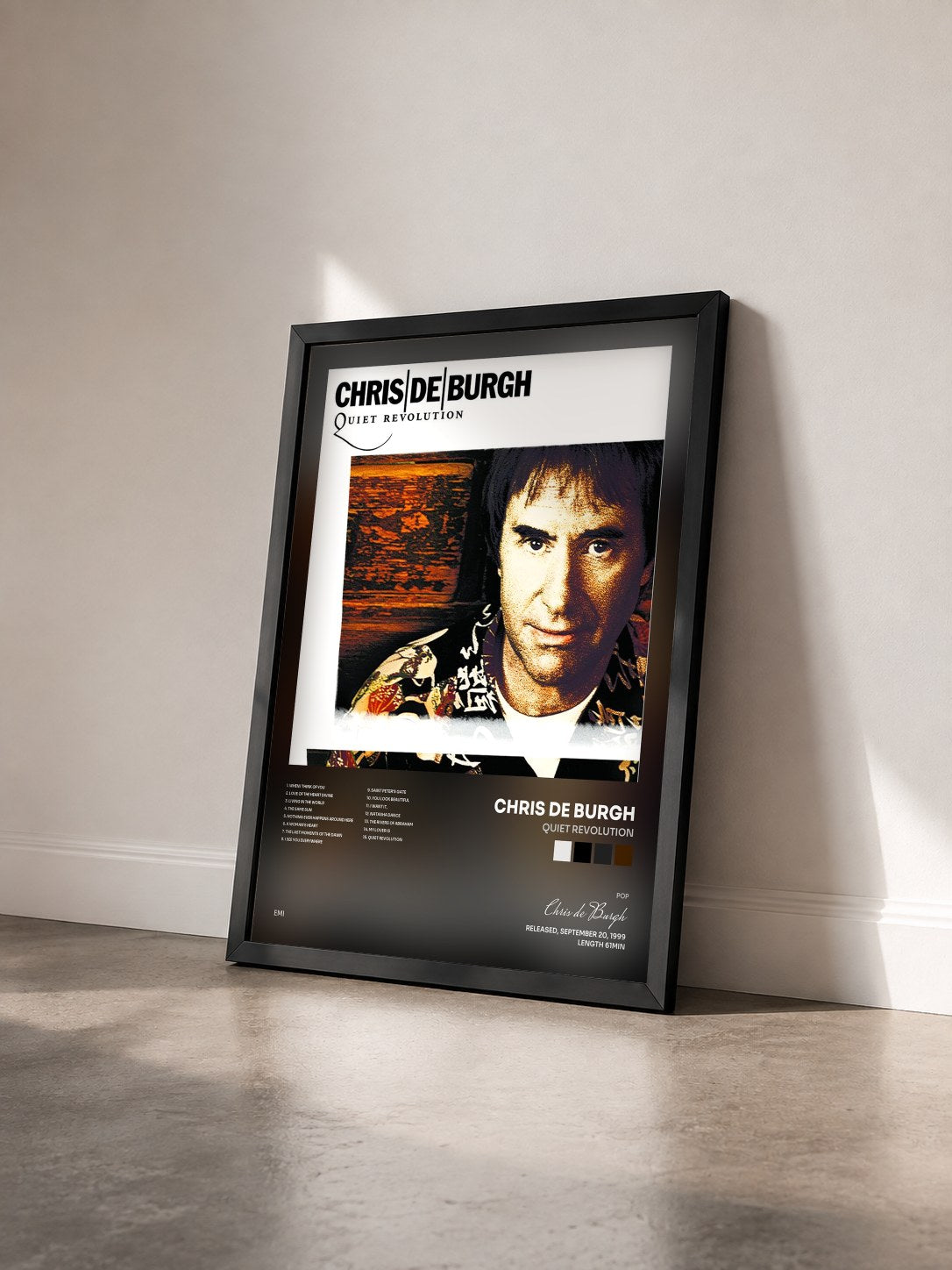 #noir Tableau de l'album Quiet Revolution de Chris de Burgh vu de trois quarts, cadre noir