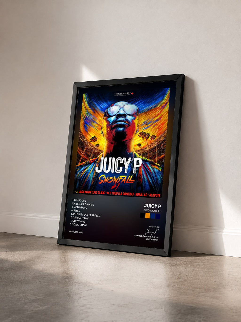 #noir Tableau de l'album Snowfall #1 de Juicy P vu de trois quarts, cadre noir