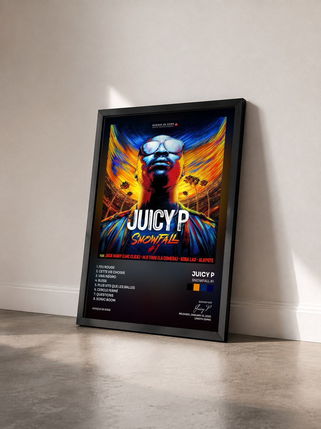 #noir Tableau de l'album Snowfall #1 de Juicy P vu de trois quarts, cadre noir