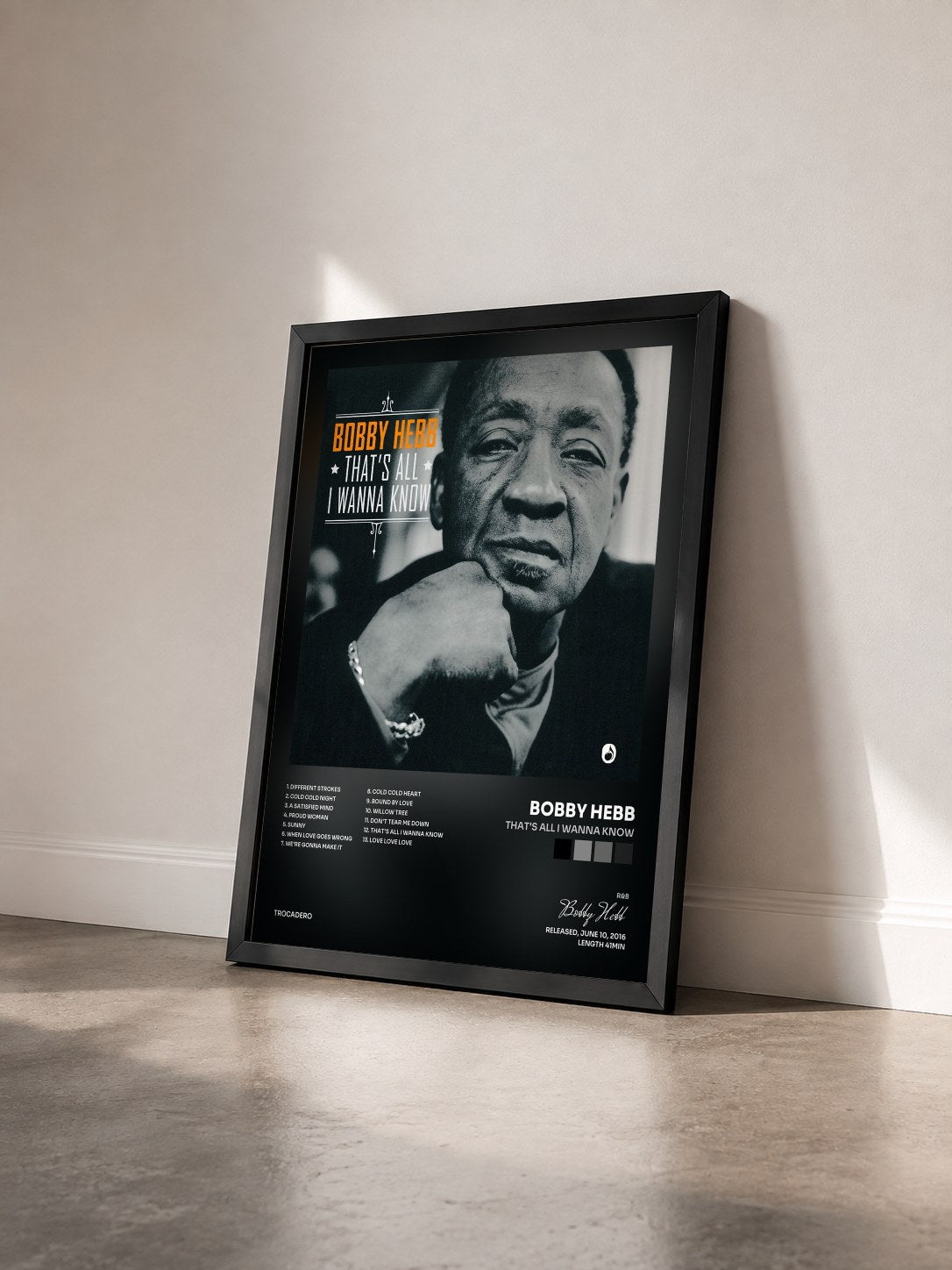 #noir Tableau de l'album That's All I Wanna Know de Bobby Hebb vu de trois quarts, cadre noir