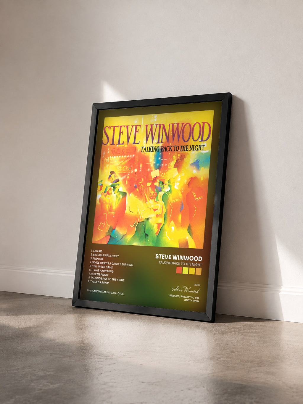 #noir Tableau de l'album Talking Back To The Night de Steve Winwood vu de trois quarts, cadre noir